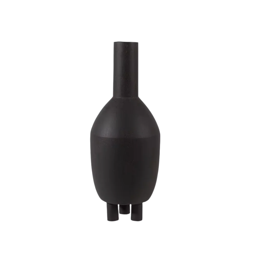Black sculptural ceramic vase isolated on white background, Wabi-Sabi style

