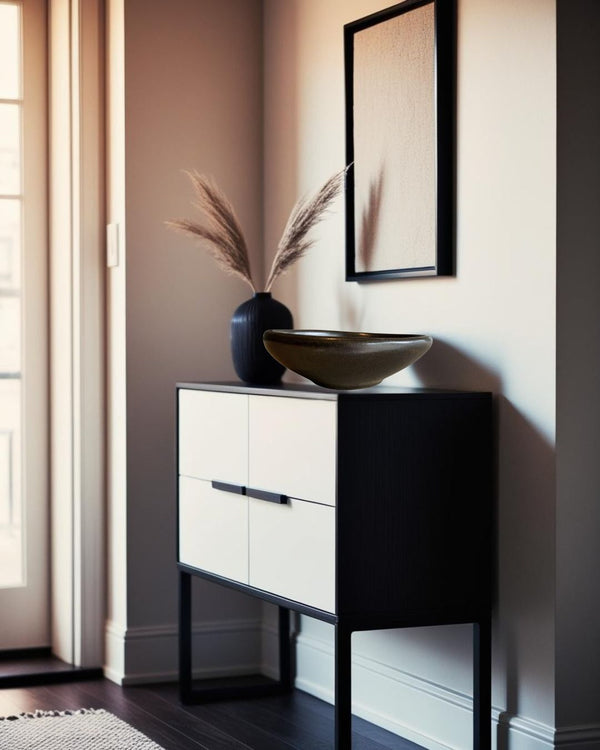 Black sculptural porcelain decorative bowl on a two-tone console in a Scandinavian style entryway with framed art and natural light
