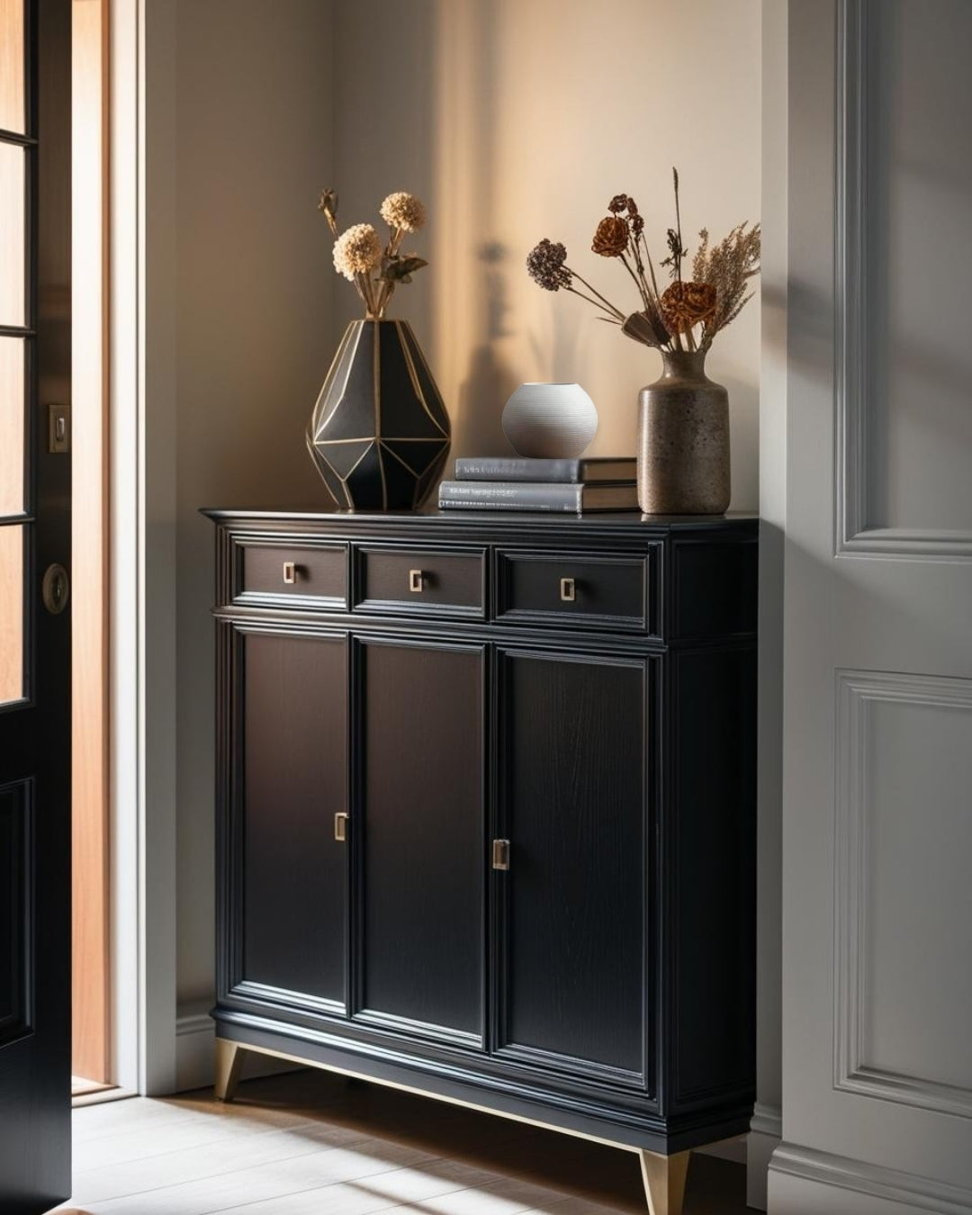 Black entry table with decorative vases in an compact entry of a farmhouse house