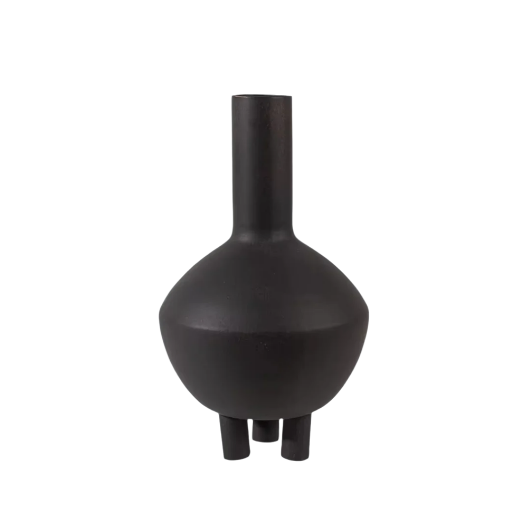 Black tripod ceramic vase isolated on white background, Wabi-Sabi style