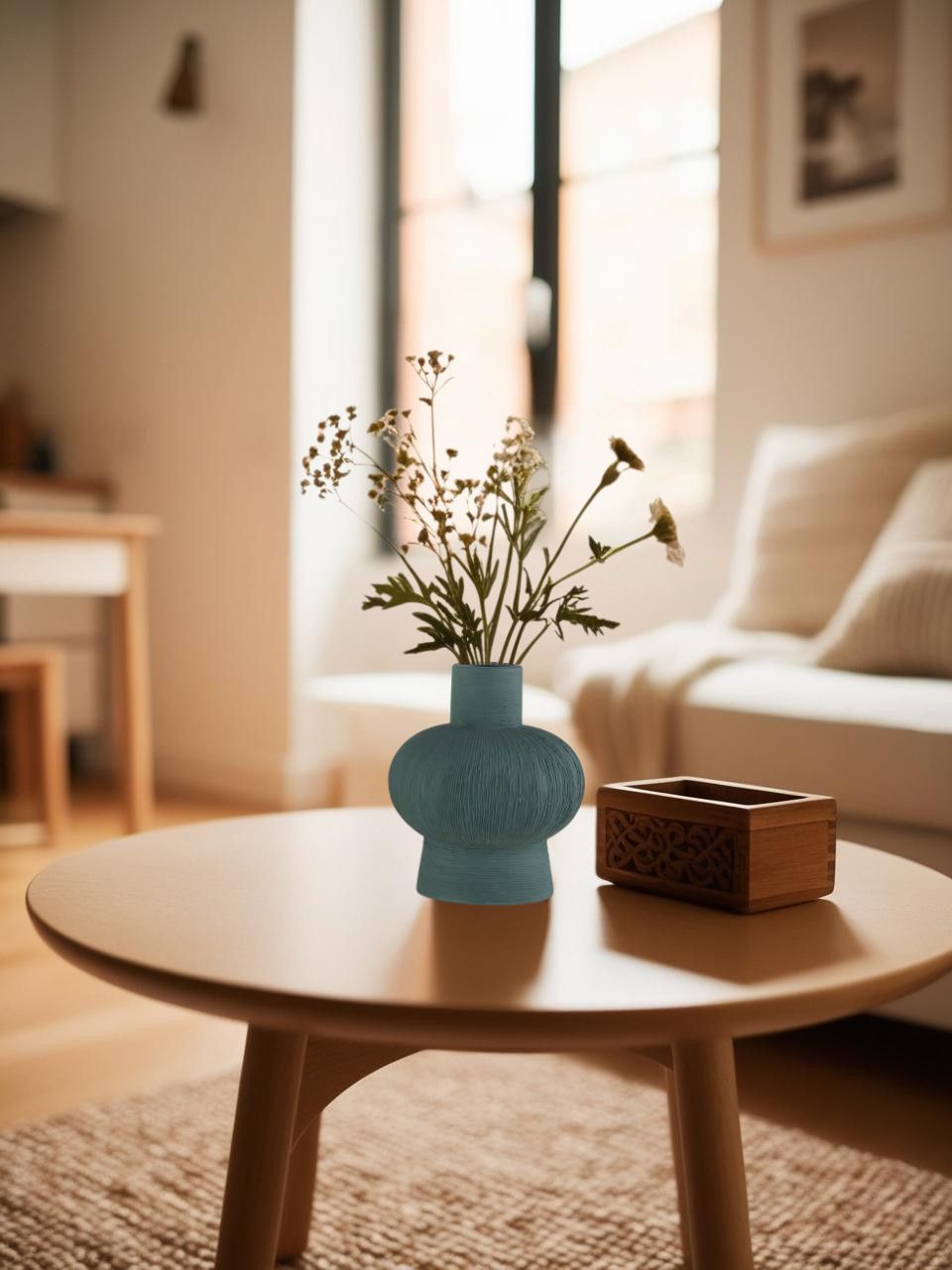 green vase on coffee table in a compact farmhouse living room in a apartment

