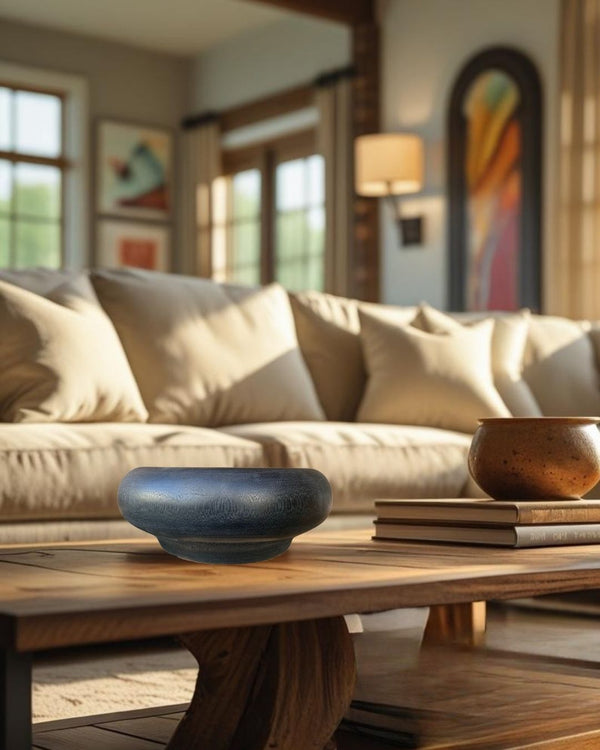 Bold black rustic wooden bowl on a wooden coffee table in a farmhouse style living room with beige sofa and warm sunlight
