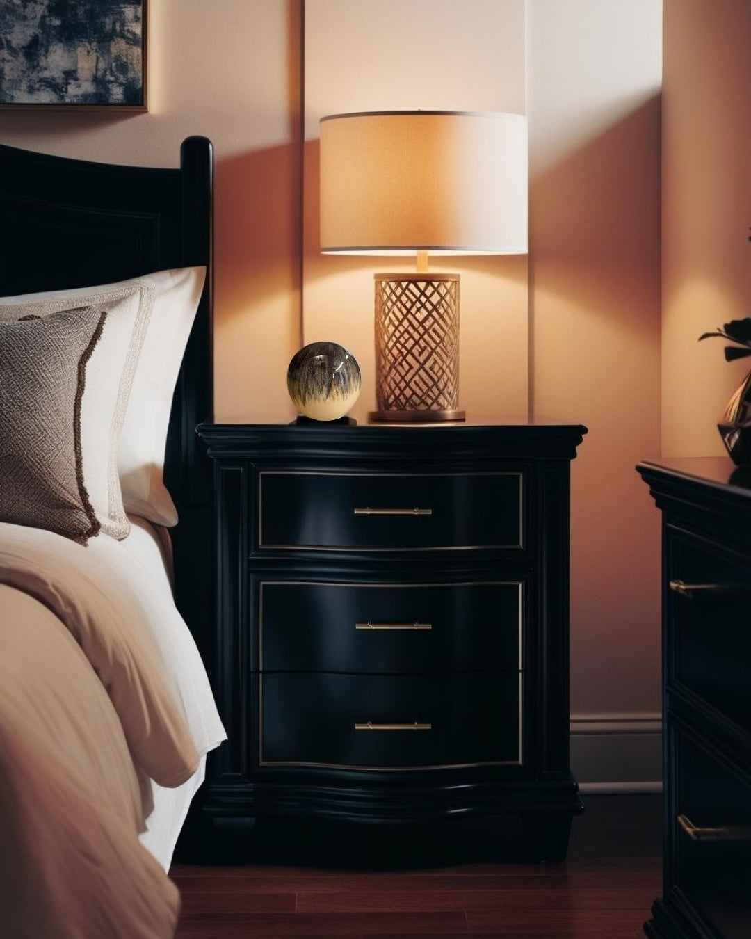 Circular geometric accent decor on dark wood nightstand with lamp in warm farmhouse bedroom