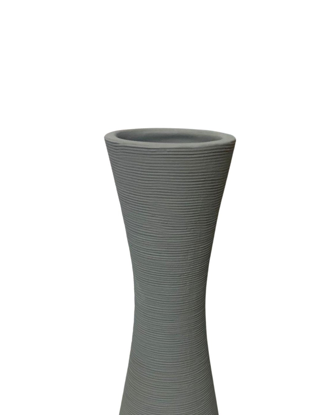 Close-up of a tall gray vase with textured finish and elegant silhouette