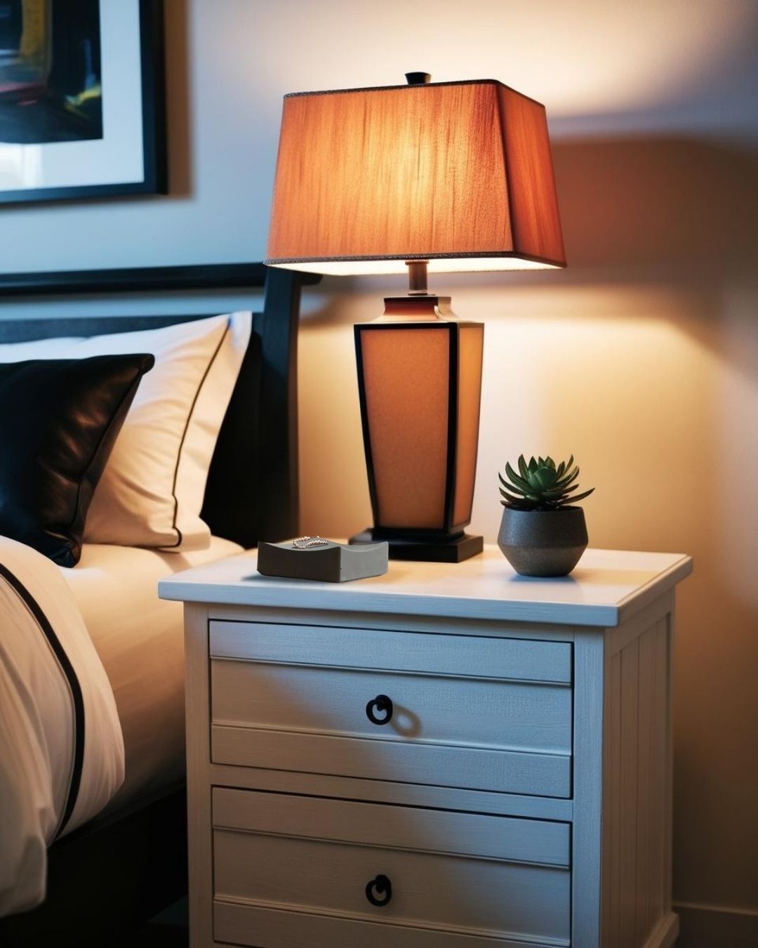 Concrete black color valet tray on a nightstand in a rustic-modern bedroom with table lamp and decorative accessories