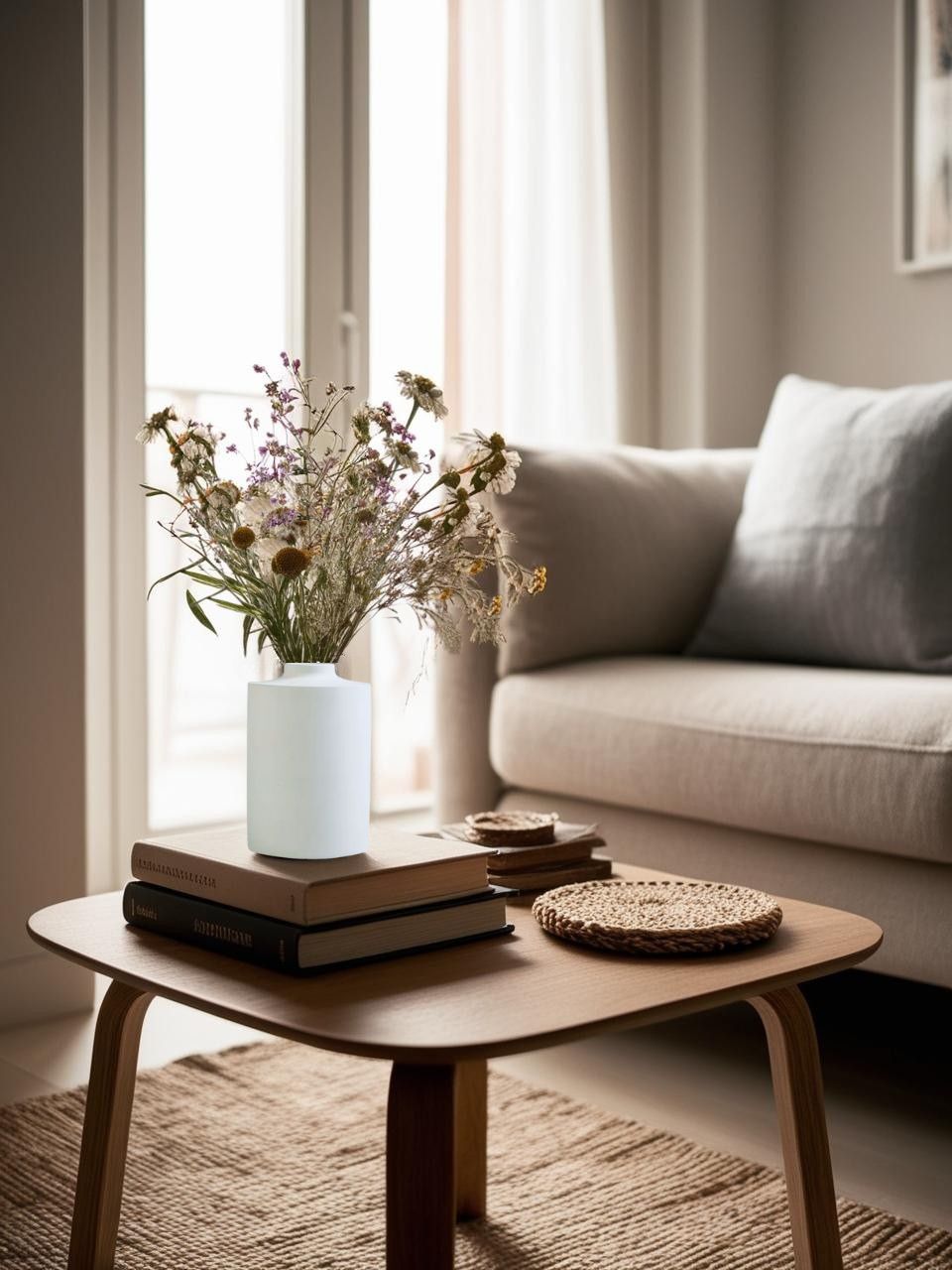 Small concrete vase with dried flowers on a coffee table in a bright minimalist attic room