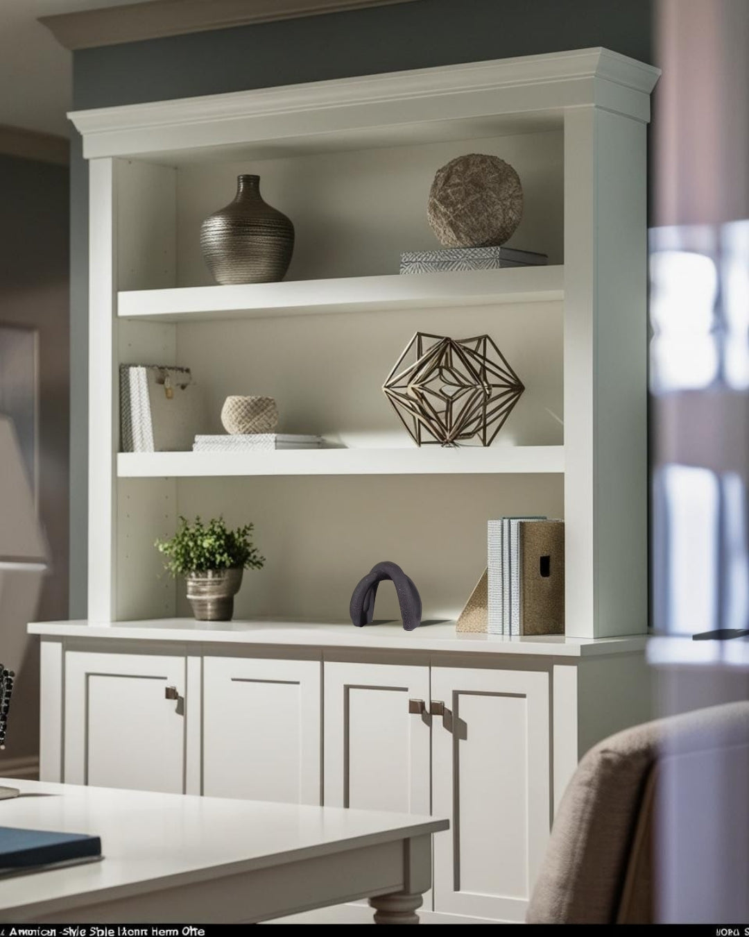 Sculptural decorative accent on white shelf in farmhouse style home office