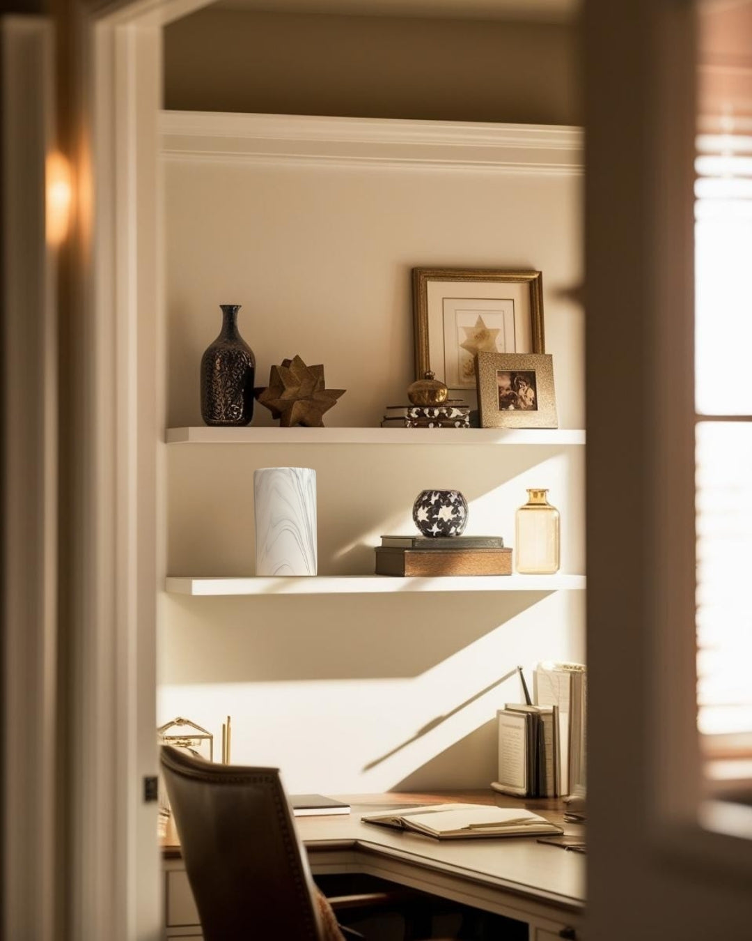Cylinder-shaped decorative accent in white finish on floating shelf in farmhouse style home office