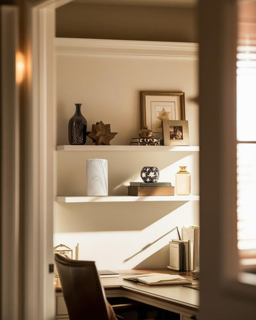Cylinder-shaped decorative accent in white finish on floating shelf in farmhouse style home office