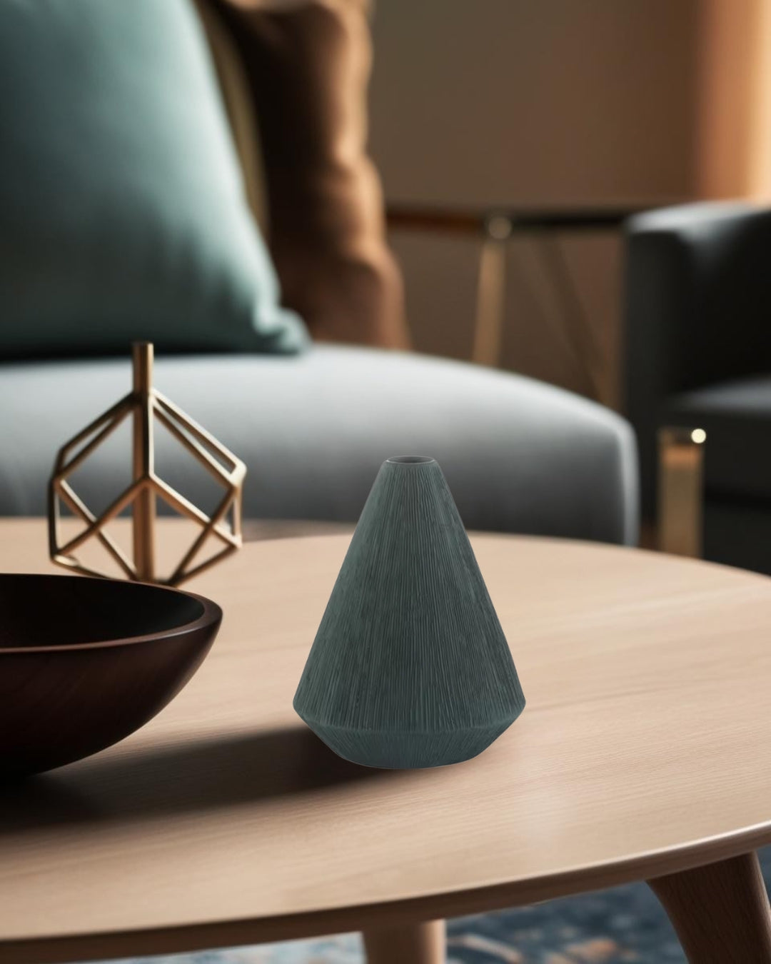 green small vase in a coffee table in a compact mid-century living room in a house

