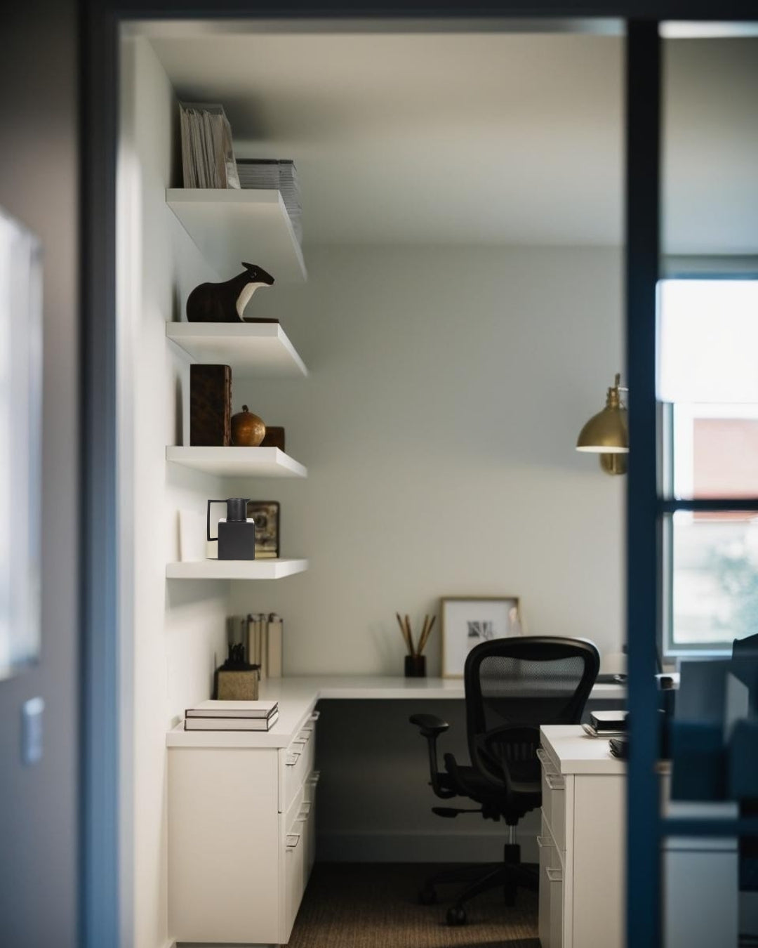 Decorative pitcher on white shelf in home office 