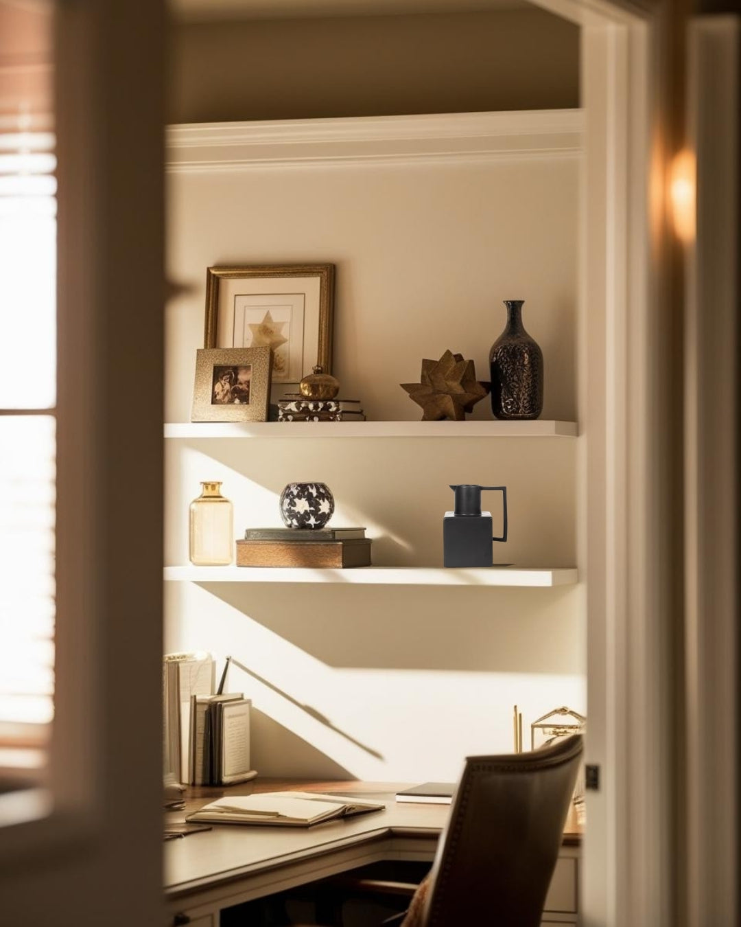 Decorative pitcher on white floating shelf in home office
