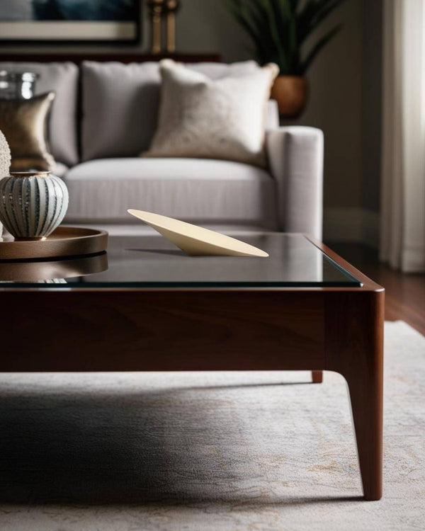 Decorative porcelain bowl on a glass coffee table in a rustic-modern living room with neutral sofa, textured cushions, and warm ambient lighting