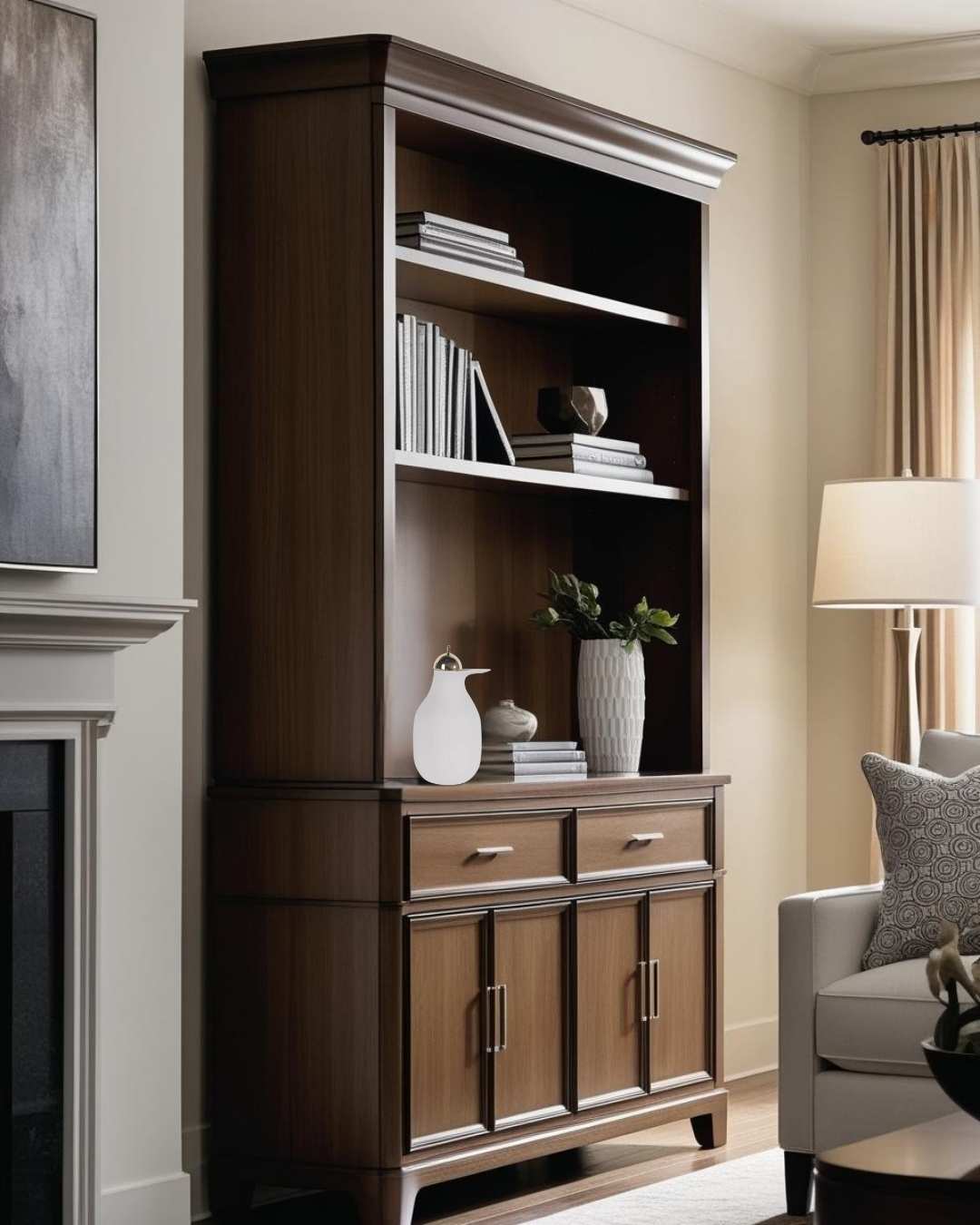 White decorative pitcher on built-in bookcase with farmhouse style living room
