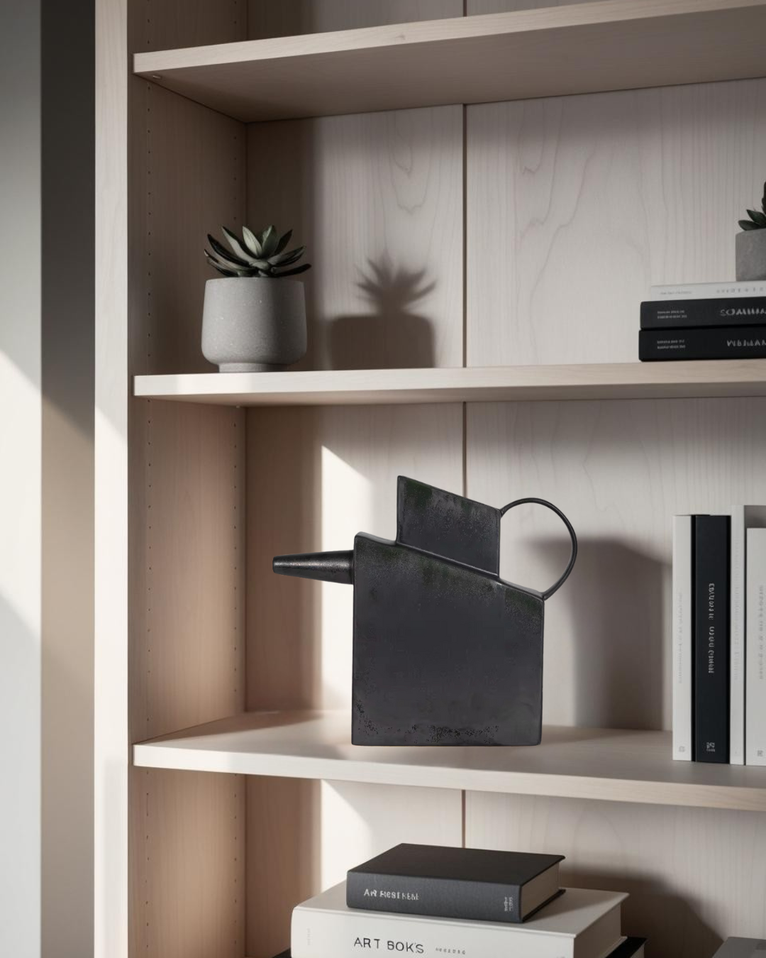 Geometric black decorative pitcher on light wood shelf with books and small potted succulent in a modern interior setting








