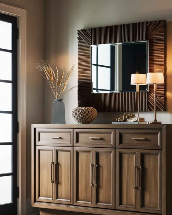 Geometric gray porcelain vase on wooden entry table in a farmhouse style entry

