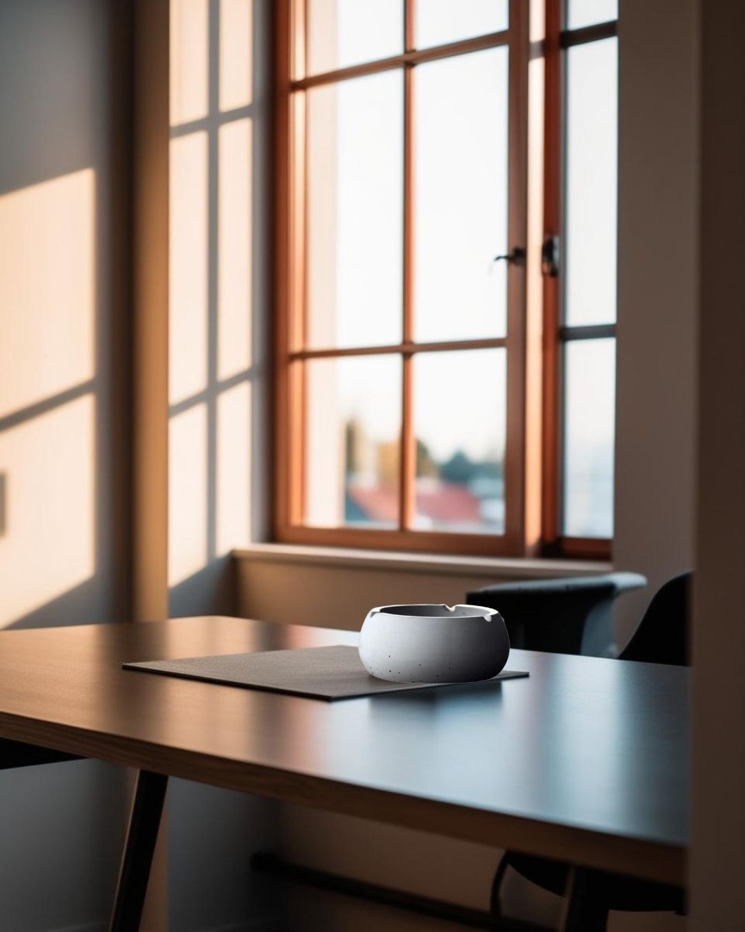 Gray concrete ashtray on a windowsill in a minimalist rustic-modern room with natural light