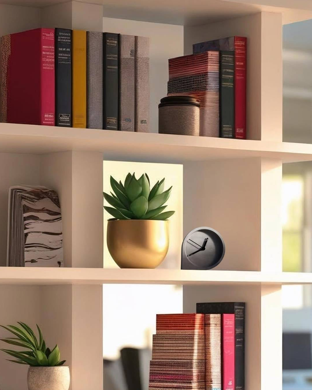 Gray concrete minimalist desk clock on a white bookcase in a rustic-modern interior with gold planter and colorful books