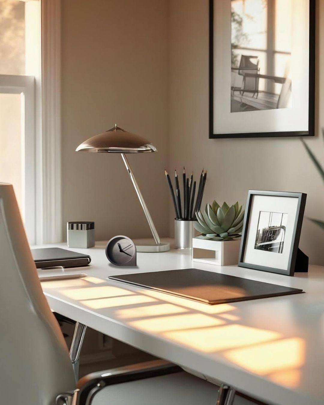 Gray concrete minimalist desk clock on a white desk in a modern home office with natural light and monochrome accessories