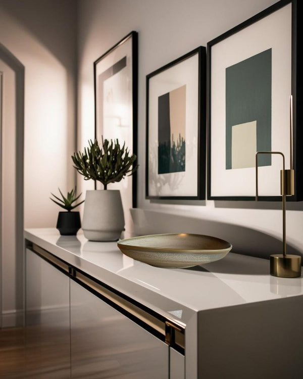 Green and beige reactive glaze porcelain bowl on white entry table in modern hallway with abstract wall art and decorative plants