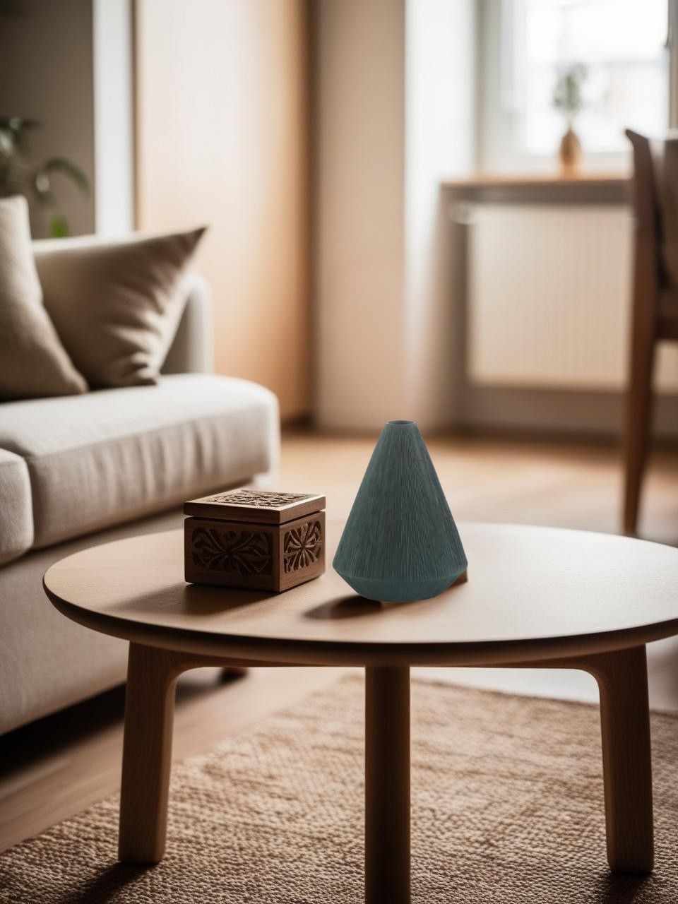 green vase on coffee table in a compact scandinavian living room in a apartment

