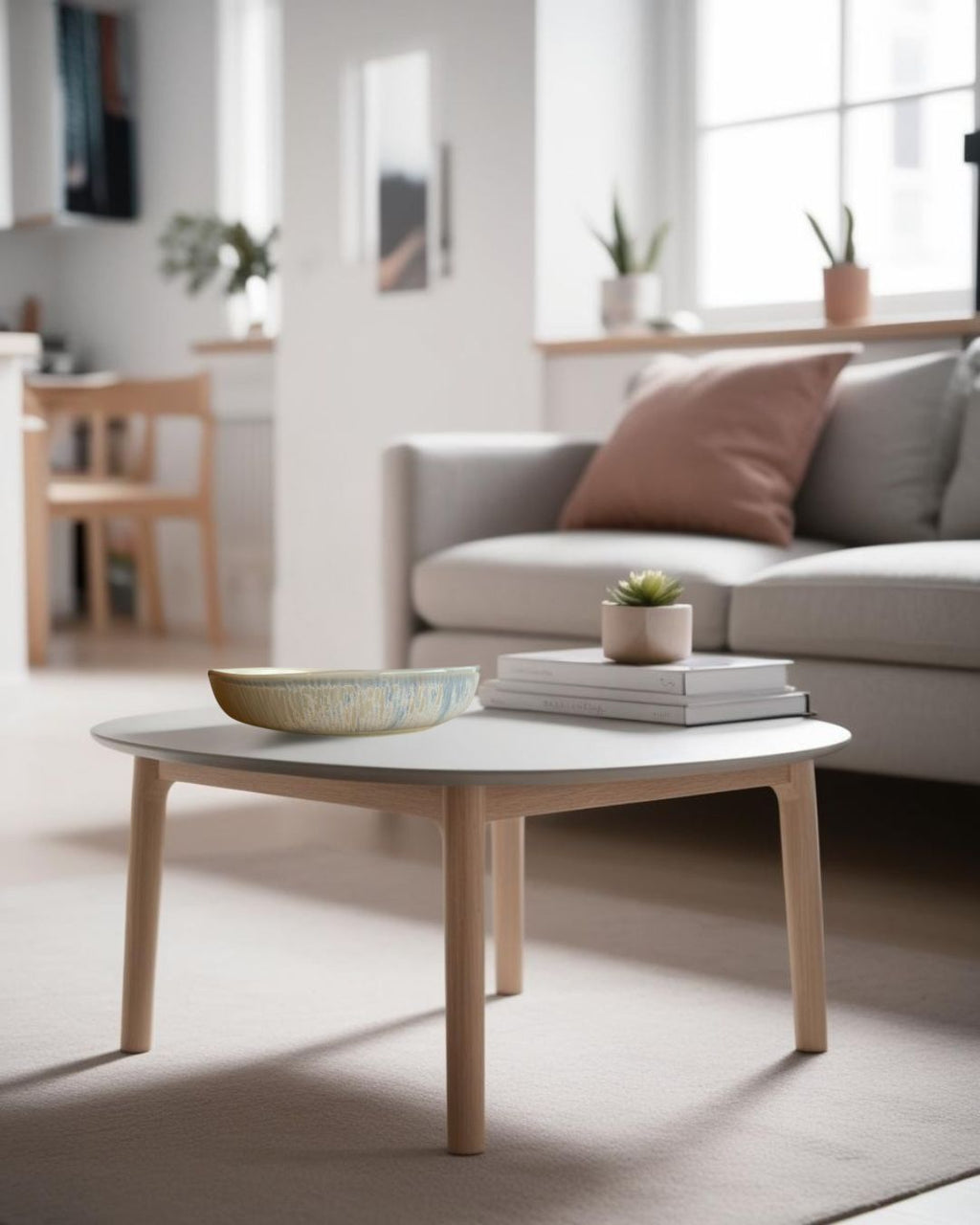 Handmade porcelain bowl on a white coffee table in a soft-toned attic living room