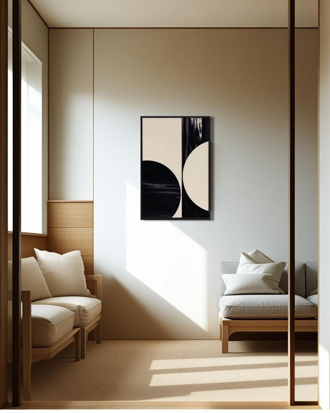 Japandi style wall art in serene minimalist bedroom with soft natural light and neutral tones