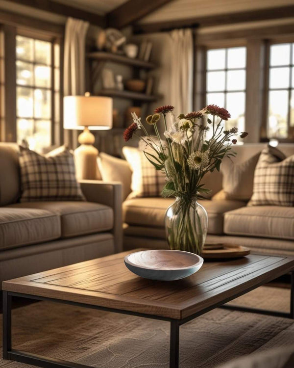 Light wooden decorative bowl on a rustic coffee table in a cozy farmhouse style living room with tufted sofa and large windows
