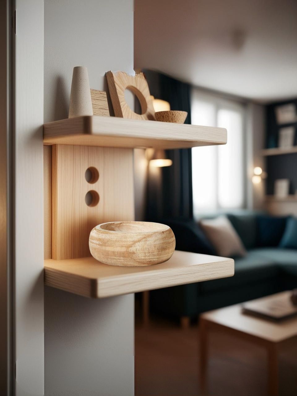 Light wooden bowl on a Scandinavian-style wall floating shelf in a cozy attic minimalist living room