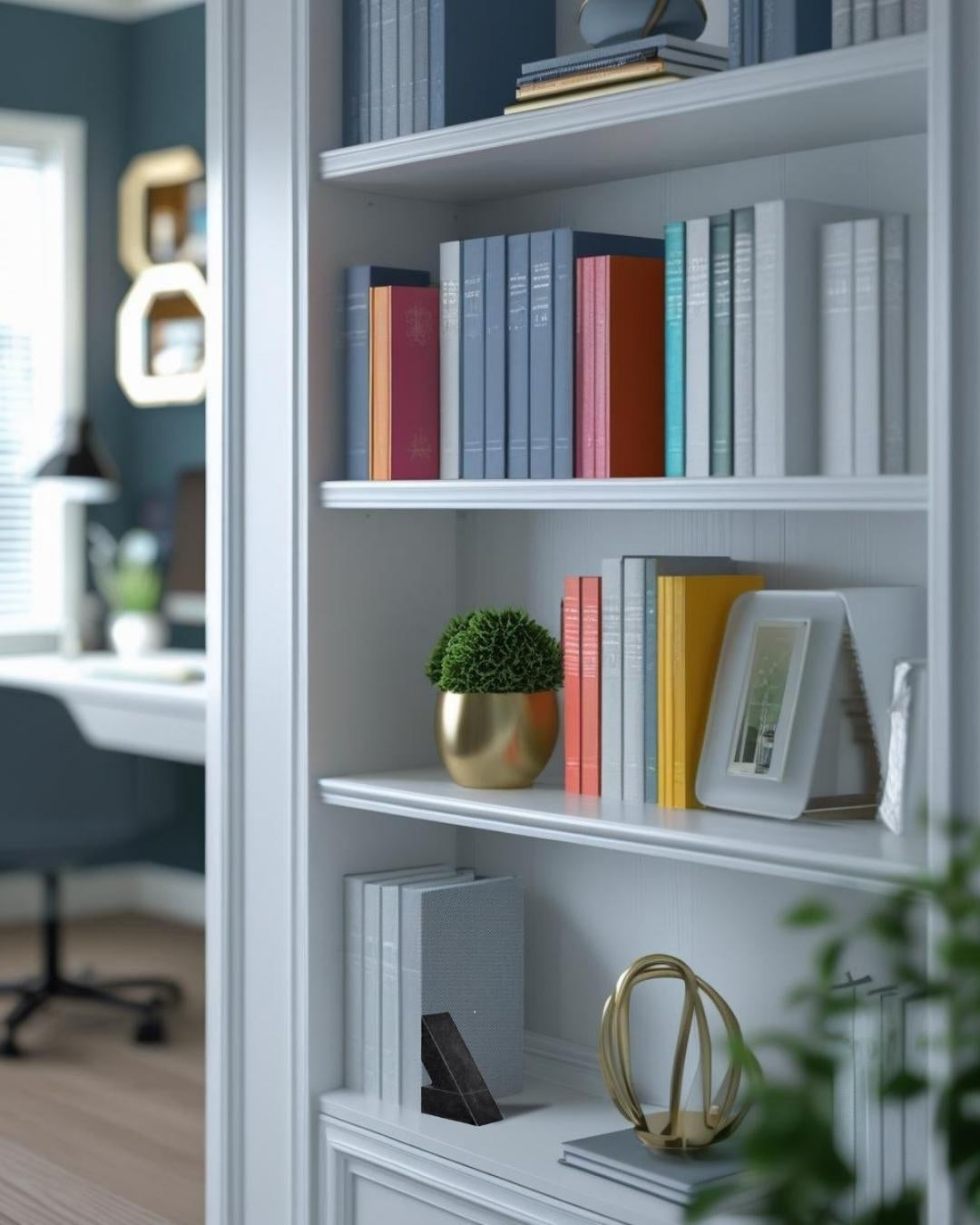 Modern triangular black bookend on a white bookcase in a modern room with colorful books and decorative accents