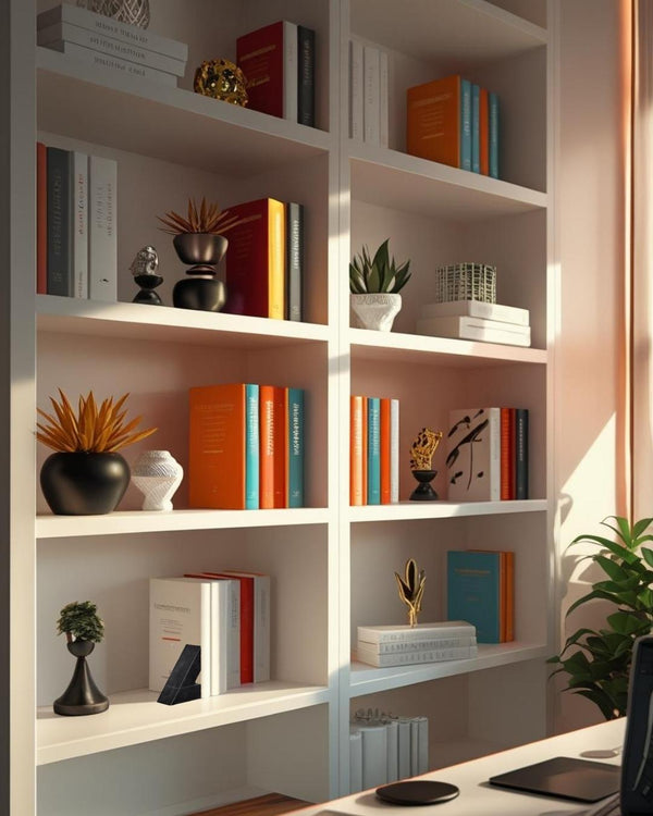 Modern triangular black bookend on a white bookcase in a rustic-modern room with colorful books and decorative accents