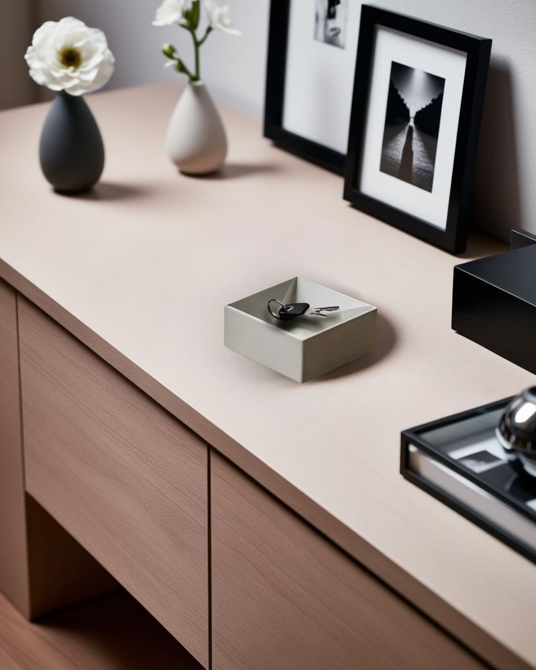 Modern decorative valet tray on wooden sideboard with black and white vases and framed art