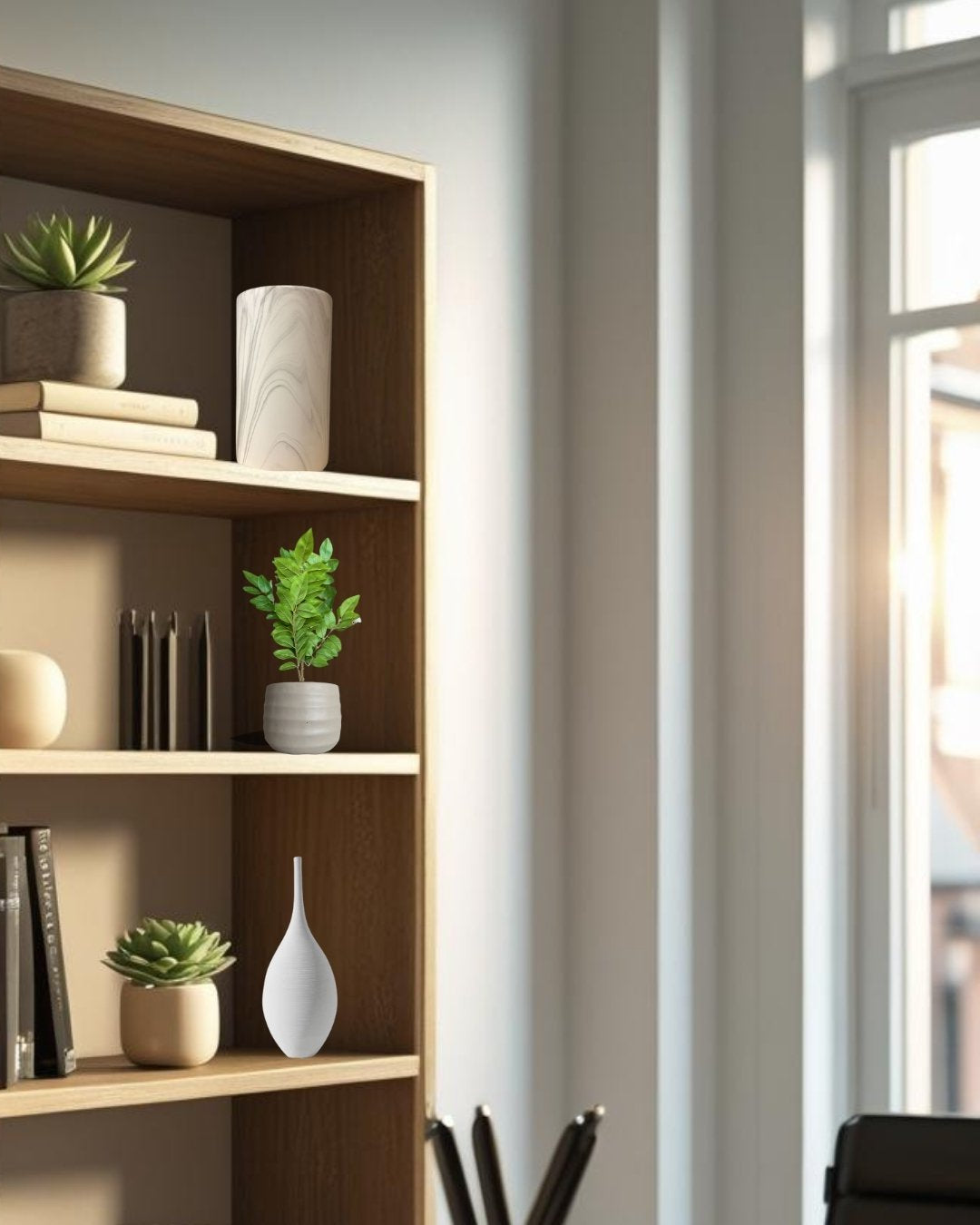 Wooden bookcase with decorative items including plants and vases in a room with natural light.