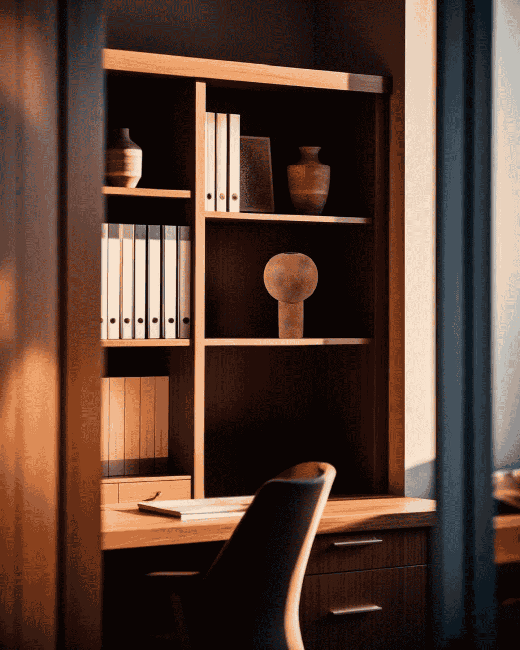 Ochre terracota sculptural ceramic vase on a built-in bookcase in a minimalist home office