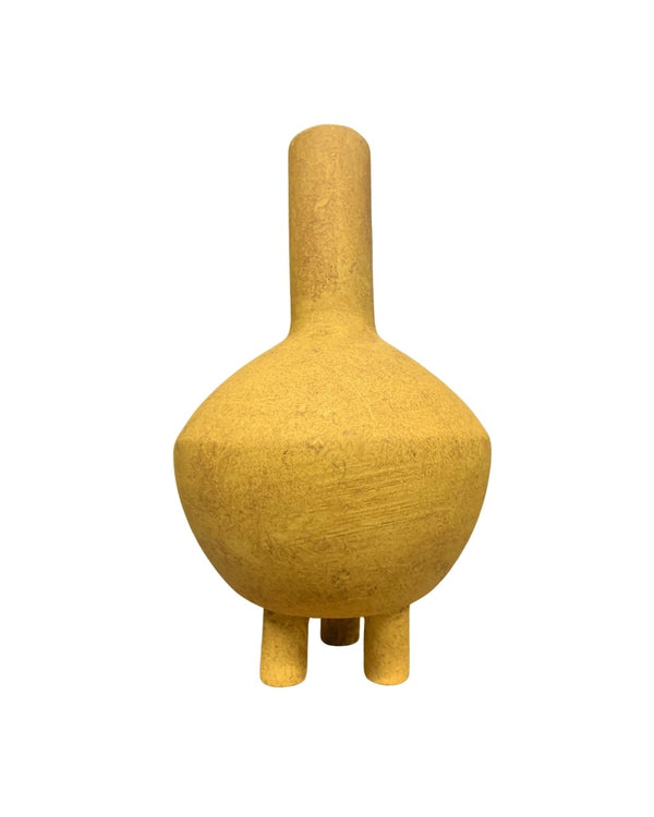 Ochre yellow sculptural ceramic vase isolated on white background

