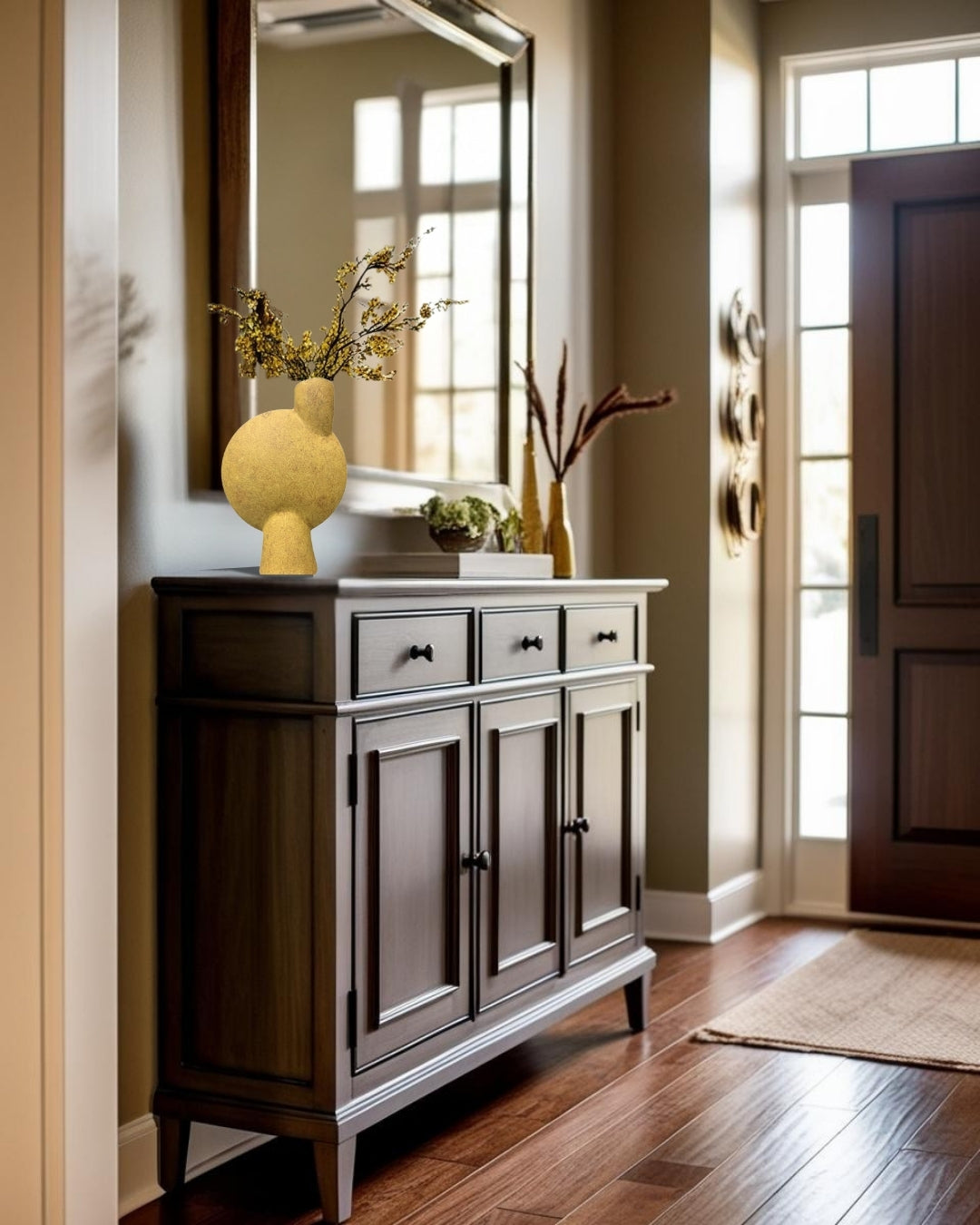 Ochre yellow sculptural vase on a dark wood entry table in the entry of a minimalist house
