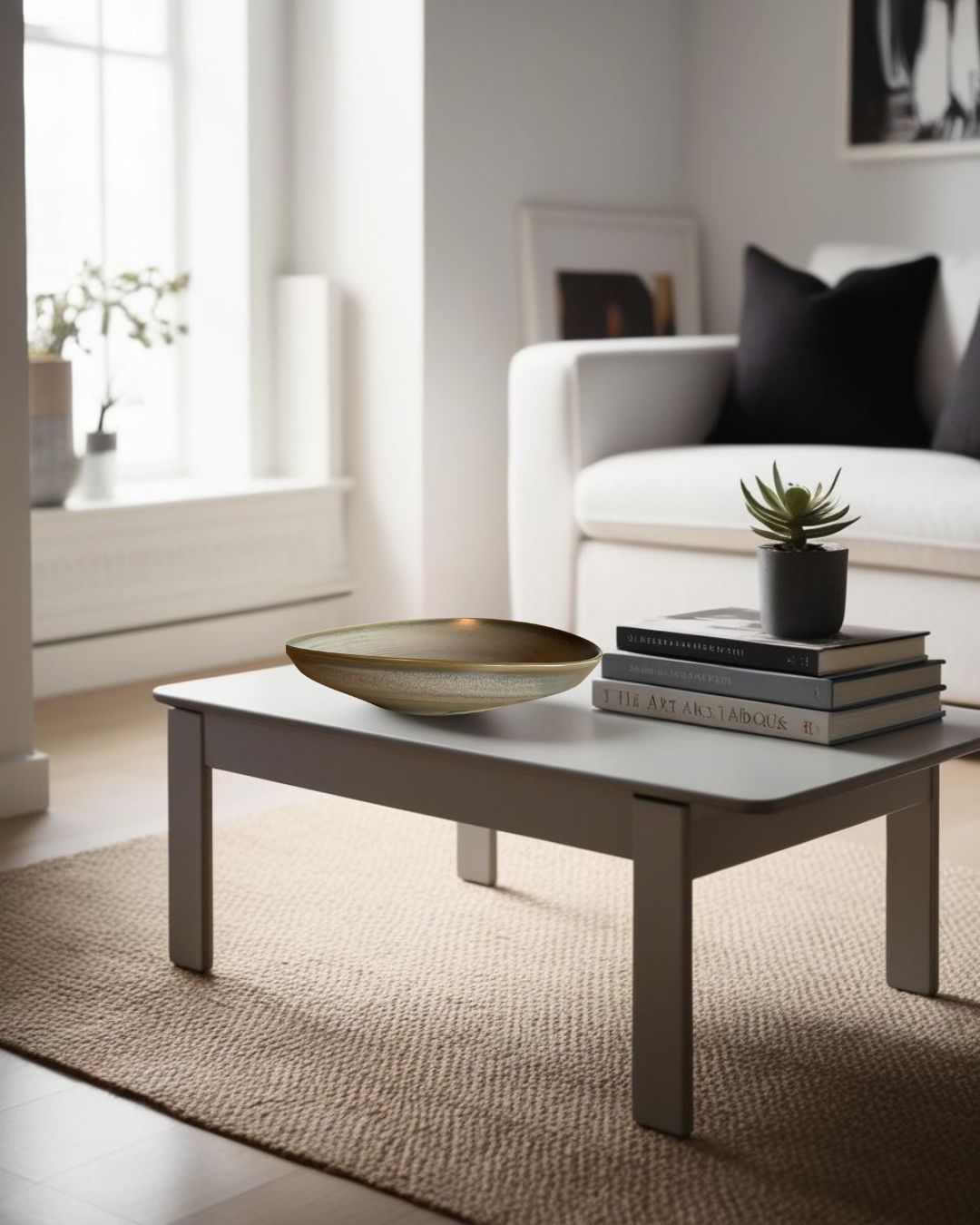Two shallow porcelain bowls on a light wood coffee table in a minimalist farmhouse style attic