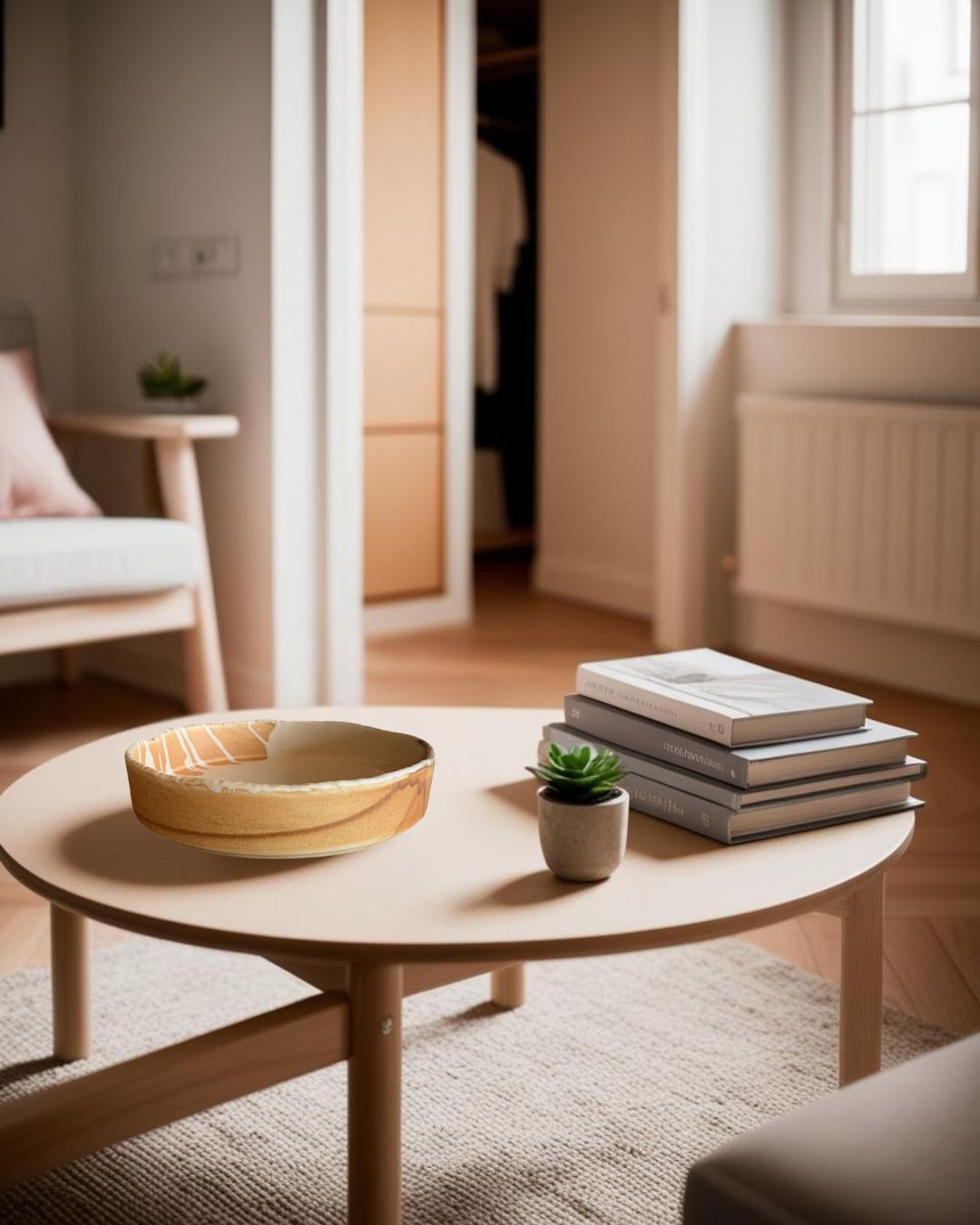 Pair of shallow decorative porcelain bowls on a coffee table in a Scandinavian style attic with warm light and neutral tones