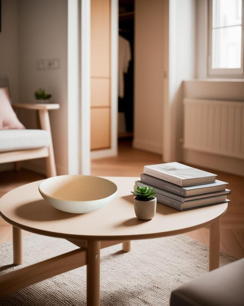 Pair of white shallow porcelain bowls on a round light wood table in a Scandinavian style attic with soft light