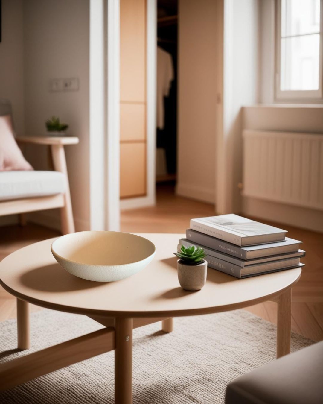 Pair of white shallow porcelain bowls on a round light wood table in a Scandinavian style attic with soft light