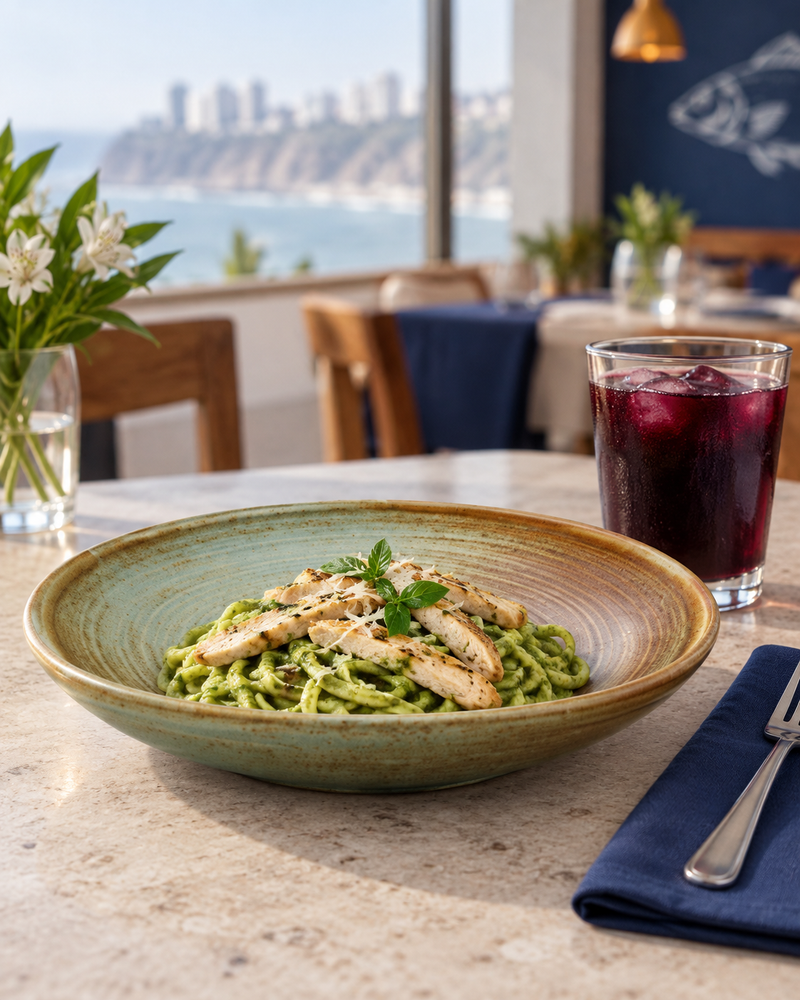 Plato hondo Aurora verde agua con borde ocre y pasta verde con pollo, vista lateral en una mesa de restaurante.
