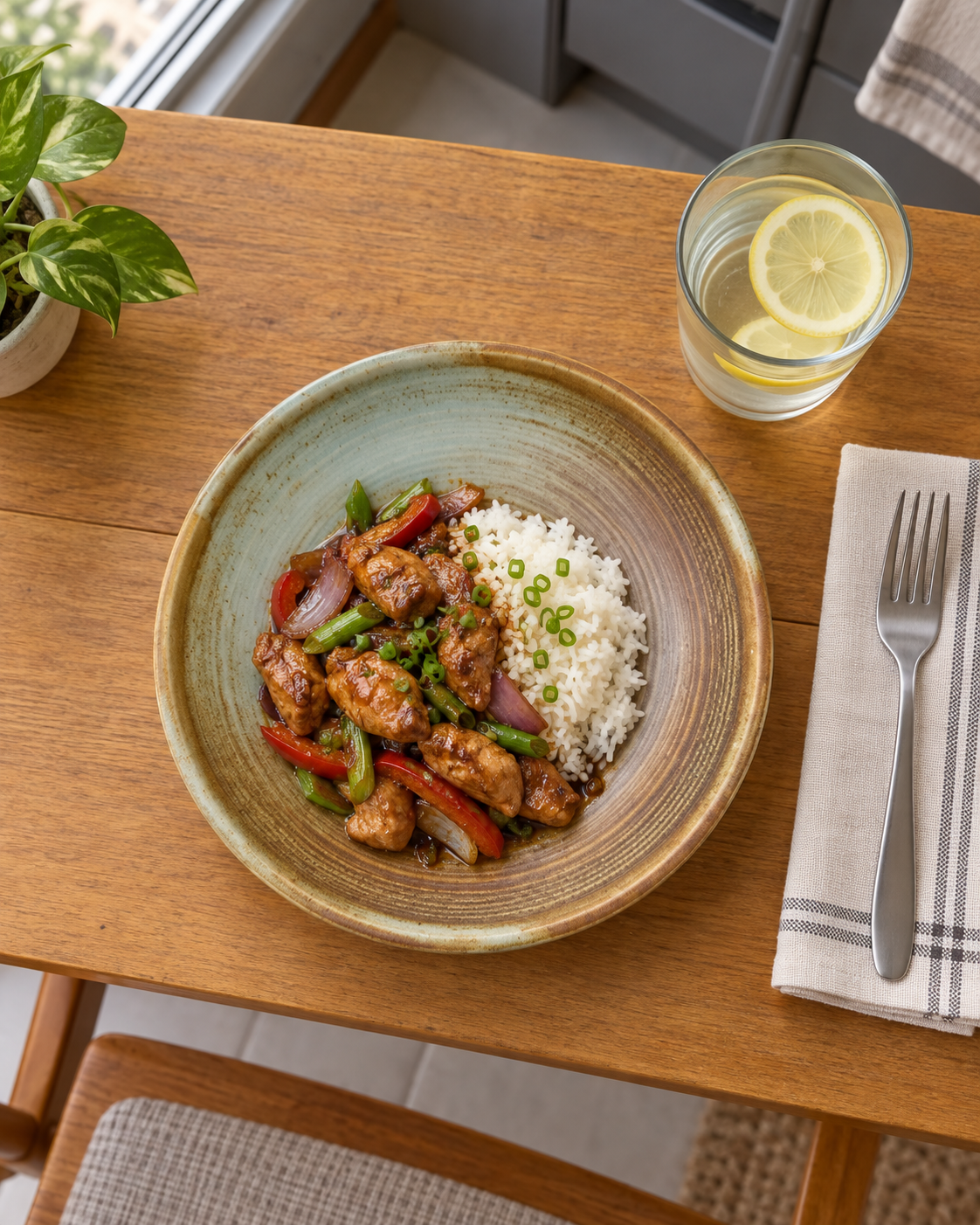 Plato hondo Aurora con pollo saltado, verduras y arroz blanco, visto desde arriba sobre una mesa de madera.