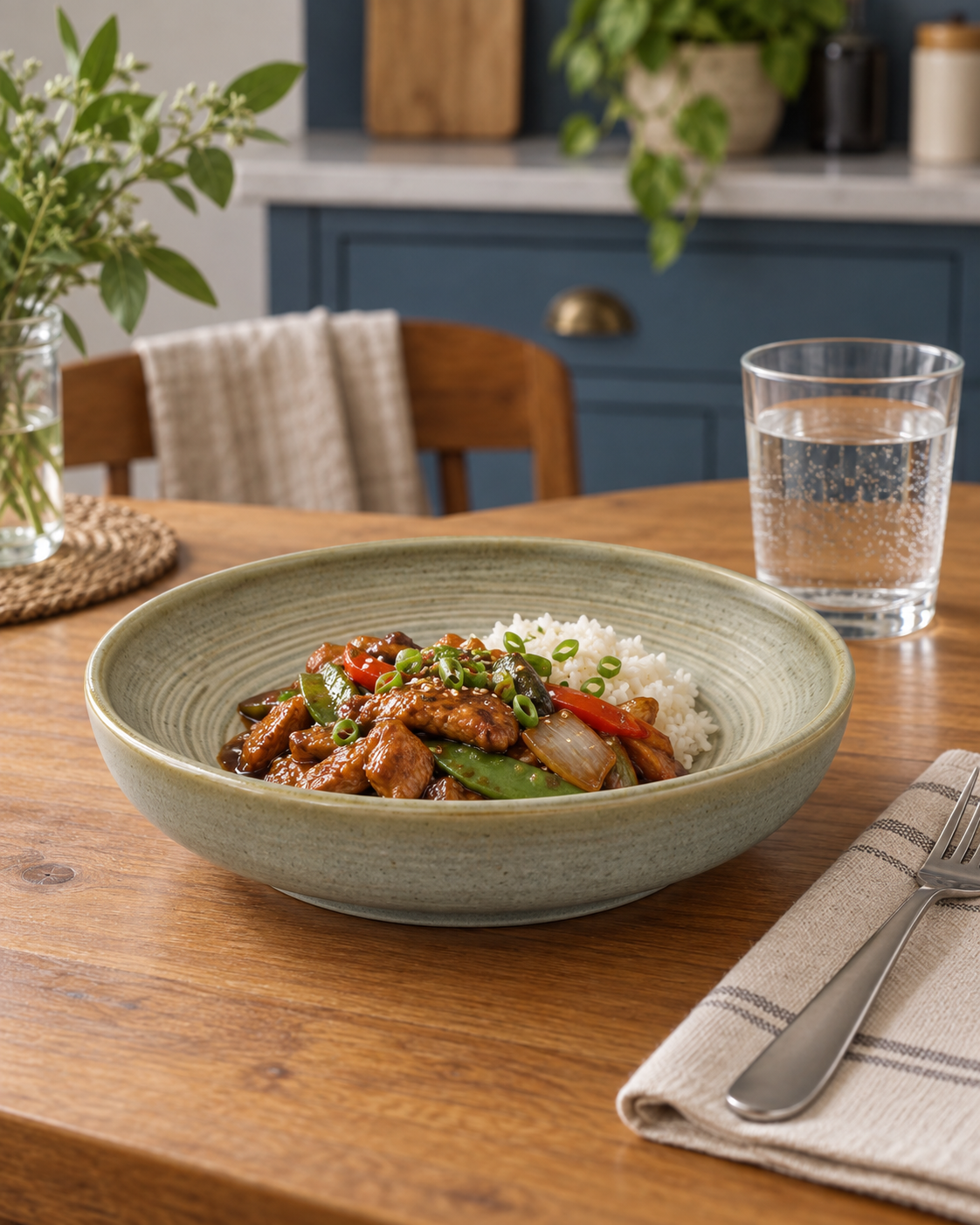 Plato hondo Ladera oliva claro con arroz, carne y verduras, visto de lado sobre mesa de madera junto a un vaso de agua.