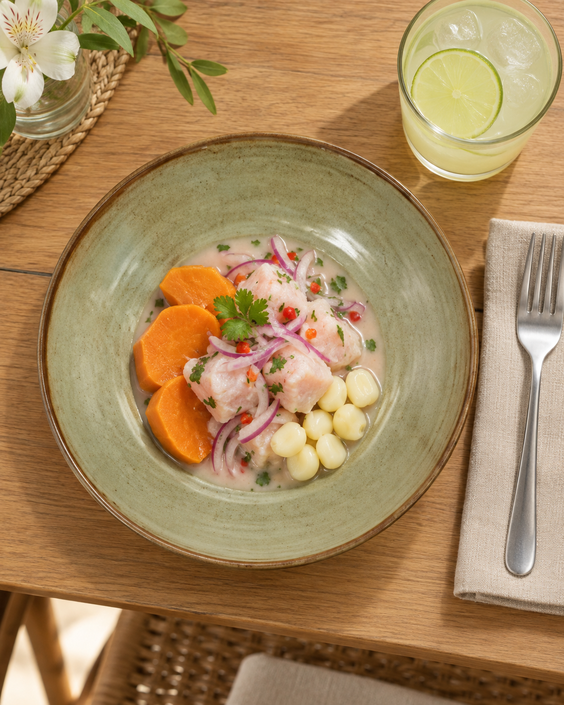 Plato hondo Niebla gris oliva con borde marrón, ceviche, camote y choclo, visto desde arriba sobre una mesa de madera.