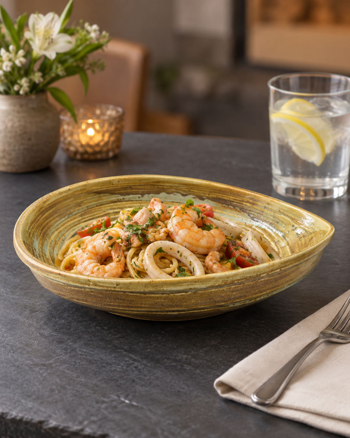 Plato hondo Ocaso ámbar y crema con pasta, langostinos y calamar, visto de lado en una mesa con flores y vela.
