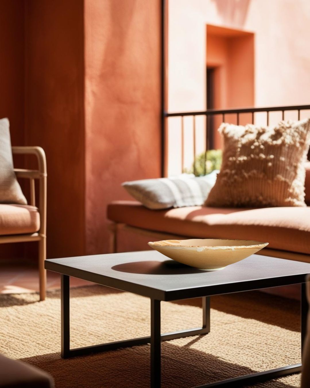 Porcelain bowl on a coffee table in an earthy farmhouse style outdoor