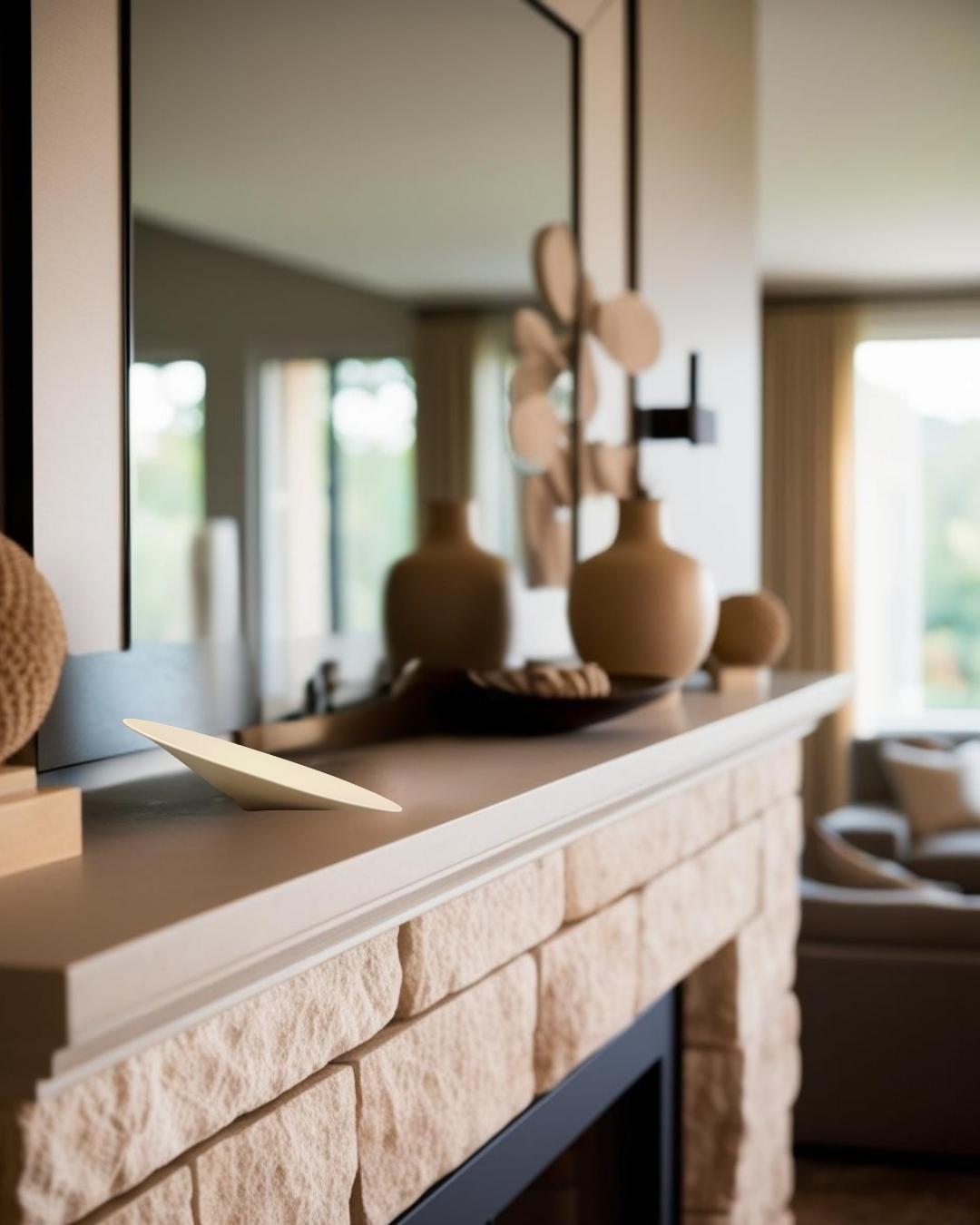 Porcelain decorative bowl on a stone fireplace mantel in a rustic-modern living room with neutral ceramic vases and natural light