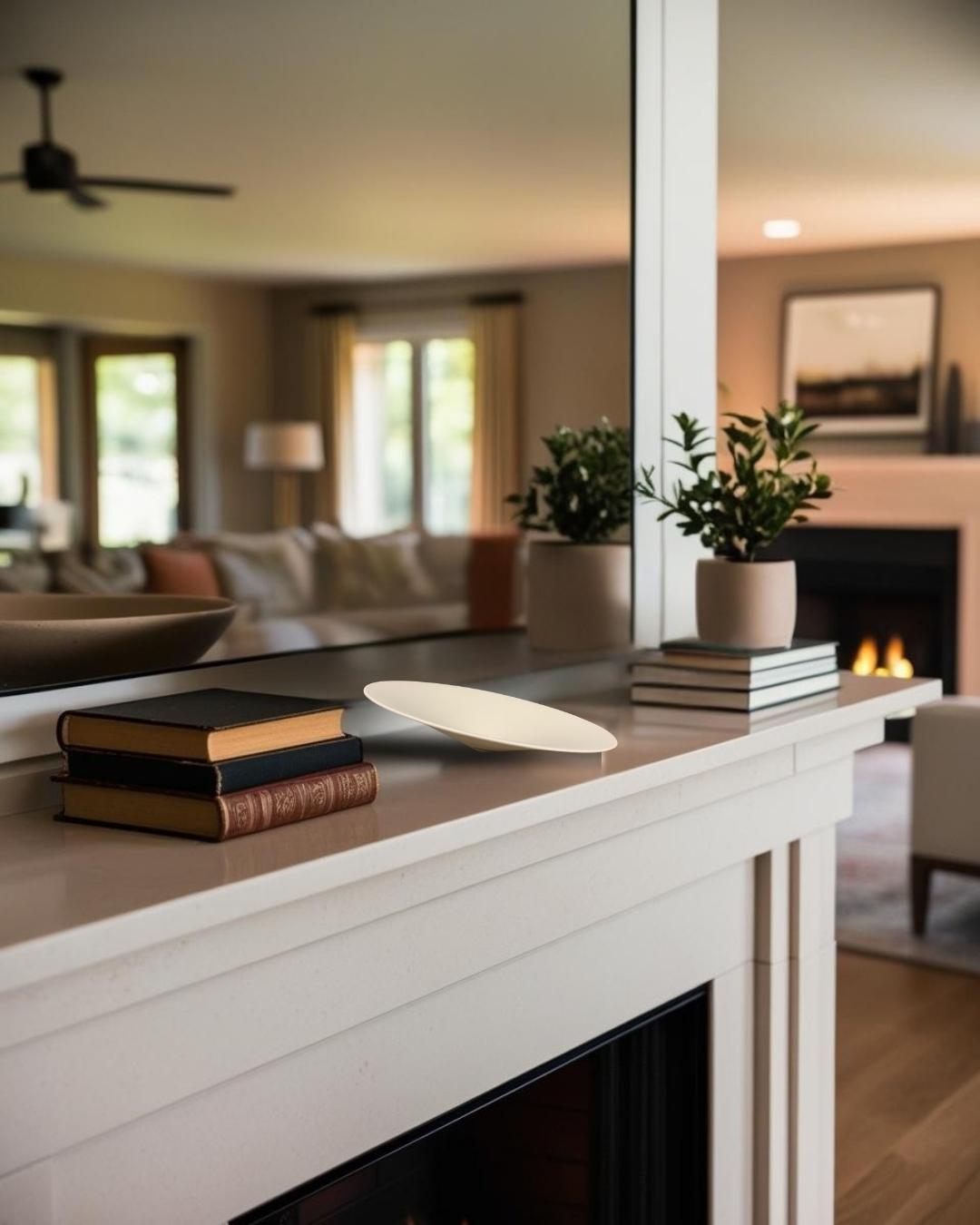 Porcelain decorative bowl on a fireplace mantel in a rustic-modern living room with stacked books, indoor plants, and warm neutral tones