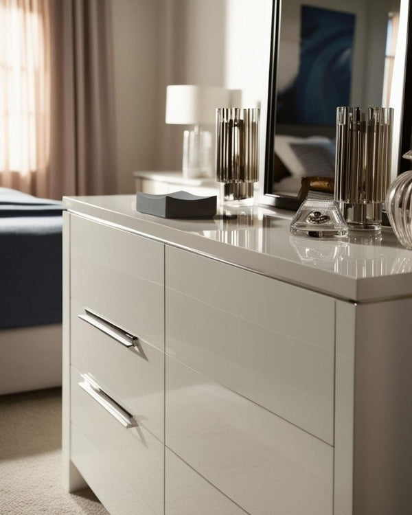 Premium concrete black color valet tray on a glossy white dresser in a rustic-modern bedroom with candles and mirror