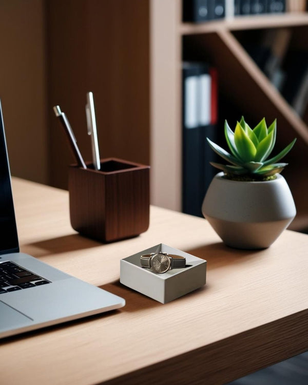 Premium gray concrete valet tray catch-all on a wood desk in a rustic-modern home office with a laptop, pen holder, and potted plant